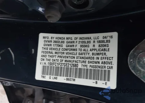2016 Honda Civic Ex-T from USA, damaged, VIN 19XFC1F37GE212680
